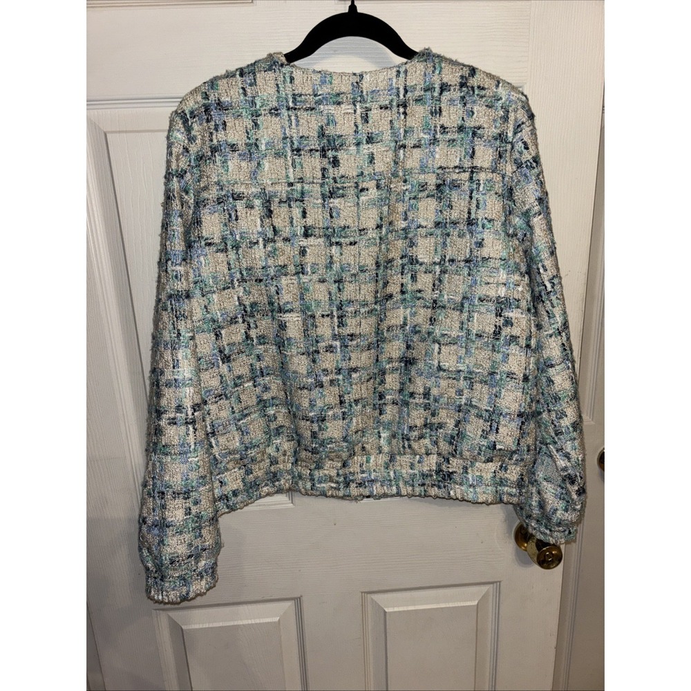 NWT Boston Proper XL Tweed Zip Bomber Lady Jacket Blue Green Cream Pockets - Picture 11 of 16
